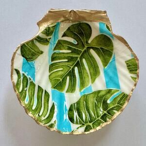 Tropical Monstera Seashell Trinket Jewelry Dish